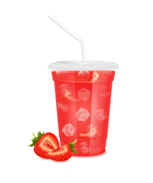 Red fresh strawberry juice glass and slices half. Fruit juice in clear plastic transparent cup flat lid, ice, straw tube. For design drink menu cafe or restaurants. Isolated 3D realistic vector.