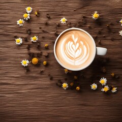 hot latte art coffee on wooden table with light flare and chamomile flower on the table - generative ai