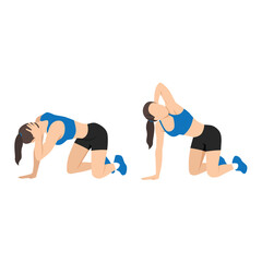Woman doing exercise in thoracic rotation pose or quadruped rotation. Flat vector illustration isolated on white background - obrazy, fototapety, plakaty