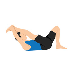 Man doing krounchasana. Male yogi in heron pose. Intense hamstring stretch. Boy with leg up and hands holding foot. Flat vector illustration
