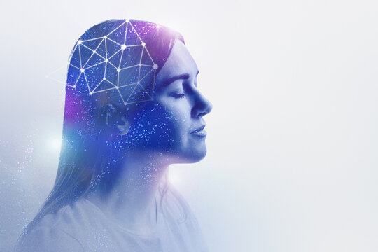 AI Artificial Intelligence concept. silhouette of a young woman on a white background