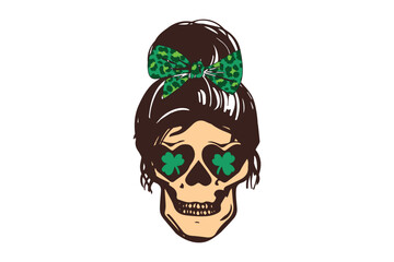 St Patricks Day messy bun skull vector T-shirt design