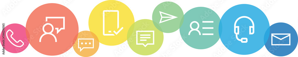 Poster contact and service icons on colorful overlapping circles on transparent background