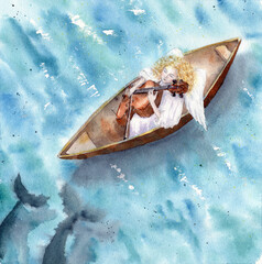Angel in a boat playing the cello © Лариса Камінська