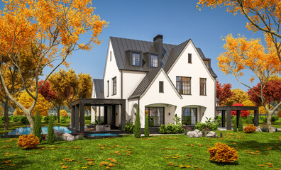 Fototapeta na wymiar 3d rendering of cute cozy white and black modern Tudor style house with parking and pool for sale or rent with beautiful landscaping. Fairy roofs. Clear sunny autumn day with golden leaves anywhere