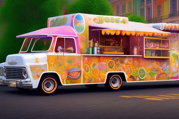 Illustration depicting a colorful food truck - generative ai