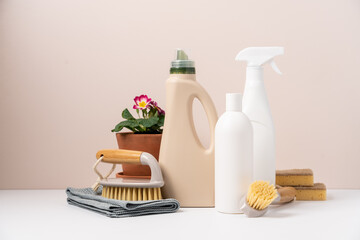 Set of eco-friendly cleaning tools on beige background with plant. Concept of spring cleaning services with copy space