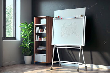 whiteboard with desks in front of it. concept of education, learning, courses and study