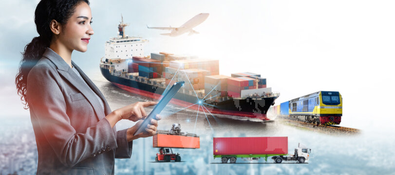Business and technology digital future of cargo container logistics transportation import export concept, Business woman using tablet online tracking control delivery distribution world map background