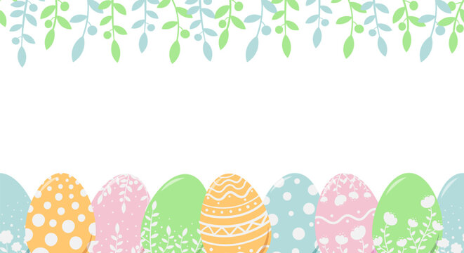 Horizontal seamless pattern with Easter eggs and vegetation. Spring illustration for Easter holiday. Flat style vector image.