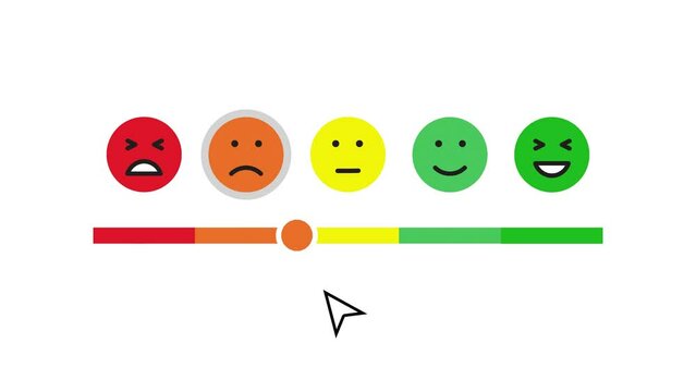 feedback icon with emoji, Rating customer satisfaction meter. Different emotions art design from red to green. Abstract concept graphic element of tachometer, indicators, score. Motion design.