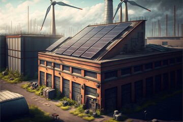 Obraz premium Factory with solar panels on the roof and a wind turbine, concept of Renewable Energy and Sustainable Development, created with Generative AI technology