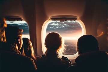 Group of passengers looking out the window of a plane, concept of Aerial View and Traveling, created with Generative AI technology