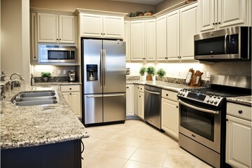 Fototapeta premium Kitchen with new and shiny appliances granite counter, concept of Modern and Luxurious, created with Generative AI technology