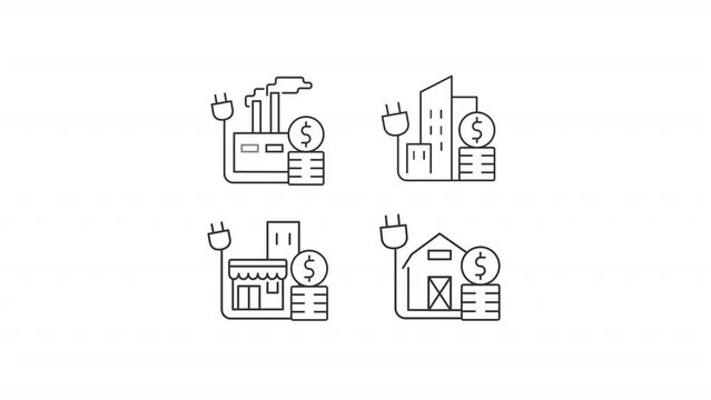 Animated power cost linear icons. Electricity for home and business. Energy pricing. Seamless loop HD video with alpha channel on transparent background. Outline motion graphic animation