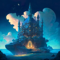 Ch&acirc;teau f&eacute;&eacute;rique dans le ciel.  AI generative