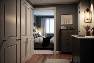 Master bedroom with walk-in closet and en-suite bathroom, concept of Spacious and Luxurious, created with Generative AI technology