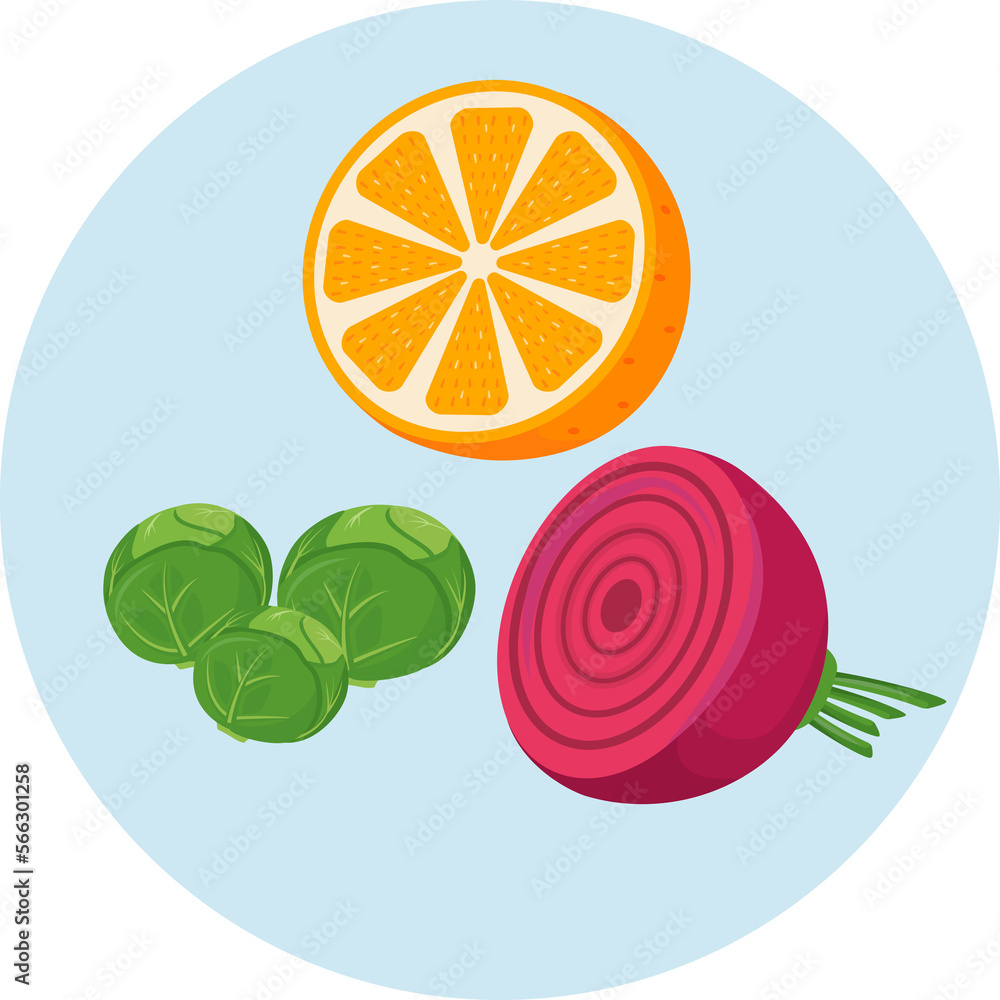 Poster vitamin c sources semi flat color raster objects icon. cabbage and orange. health benefits. full siz
