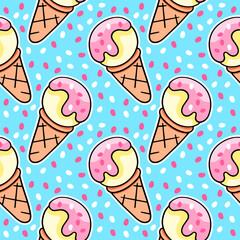 Cartoon ice cream, vector seamless pattern in the style of doodles, hand drawn