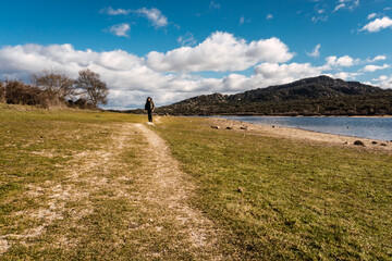 Fototapeta premium A man walking on a dirt road next to a lake