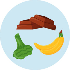 Vitamin B6 sources semi flat color raster objects icon. Dark chocolate and banana. Leafy greens. Full sized items on white. Simple cartoon style illustration for web graphic design and animation