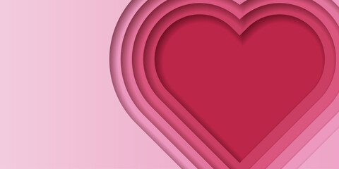Red paper cut out heart shape pattern in layers. 3D gradient background. Color of the year 2023, viva magenta. Design element for card, cover, banner, poster, backdrop, wall. Vector illustration.