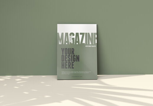 Magazine Cover Mockup On a Clean Wall with Palm Leaves Shadows in the Background