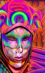 Venice carnival mask on bright colorful background. AI-generated digital illustration.