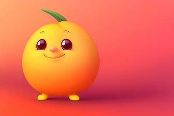 Fototapeta premium Cute cartoon orange character with a green leaf on its head standing on a red background, made with generative ai