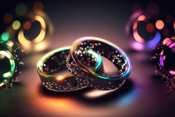 Bright glowing neon color metal steel rings and circle laser cutout pieces scattered on ground with background bokeh blur - generative AI illustration.	