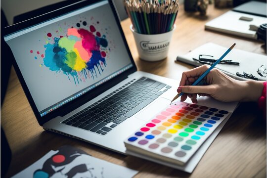 Person using a computer to design a logo with a paintbrush, concept of Creative Process and Digital Art, created with Generative AI technology