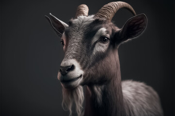 Fototapeta premium Goat portrait closeup view. Animal husbandry. Farmland animal. generative AI