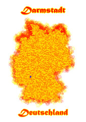 Die Karte von Deutschland in flammen mit der Stadt Darmstadt in blau
