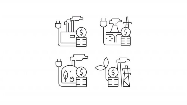Animated industry bills linear icons. Power plant. Generate green energy. Power prices. Seamless loop HD video with alpha channel on transparent background. Outline motion graphic animation