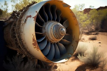 Old overgrown, jet engine- ai generated