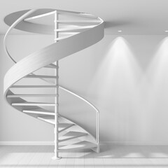 Total white project draft, spiral staircase in minimal apartment. Parquet floor and spotlights, template mockup. Goals achievement concept