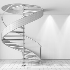 Blueprint unfinished project draft, spiral staircase in minimal apartment. Parquet floor and spotlights, template mockup. Goals achievement concept