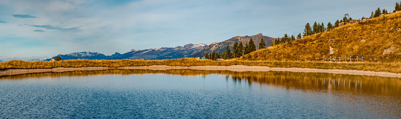High resolution stitched panorama with reflections in a lake at the famous Ahorn summit, Mayrhofen, Zillertal valley, Tyrol, Austria