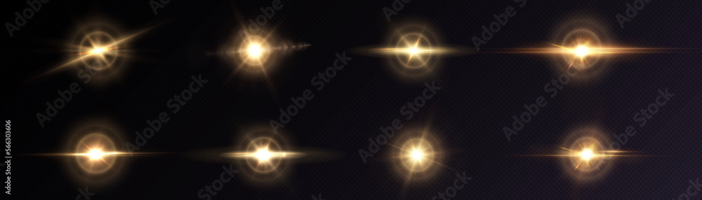 Poster Set of golden light effects of glowing light isolated on transparent background. light lines. Solar flare with rays and glare. glow effect. Starburst with shimmering sparkles. Light for web design and