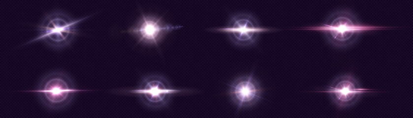 Set of purple glowing light effects isolated on transparent background. light lines. Solar flare with rays and glare. glow effect. Starburst with shimmering sparkles. Light for web design and illustra