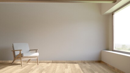 Minimal style modern contemporary living room interior with all wooden material 3d render with large windows natural light shines into the room.