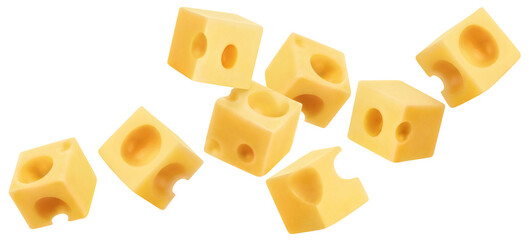 Flying cubic pieces of delicious cheese cut out - obrazy, fototapety, plakaty