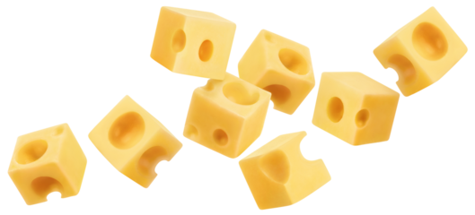 Flying cubic pieces of delicious cheese cut out