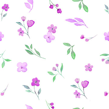 Watercolor floral seamless pattern with  abstract purple flowers, green leaves. Hand drawn spring illustration isolated on white background. For packaging, wrapping design or print. Vector EPS.