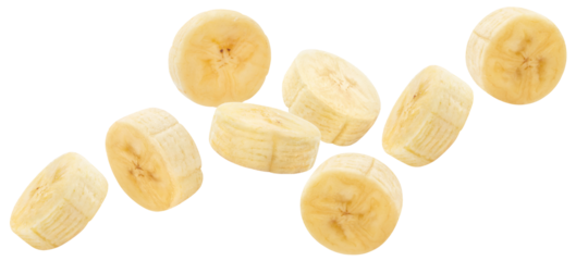 Flying delicious banana slices cut out