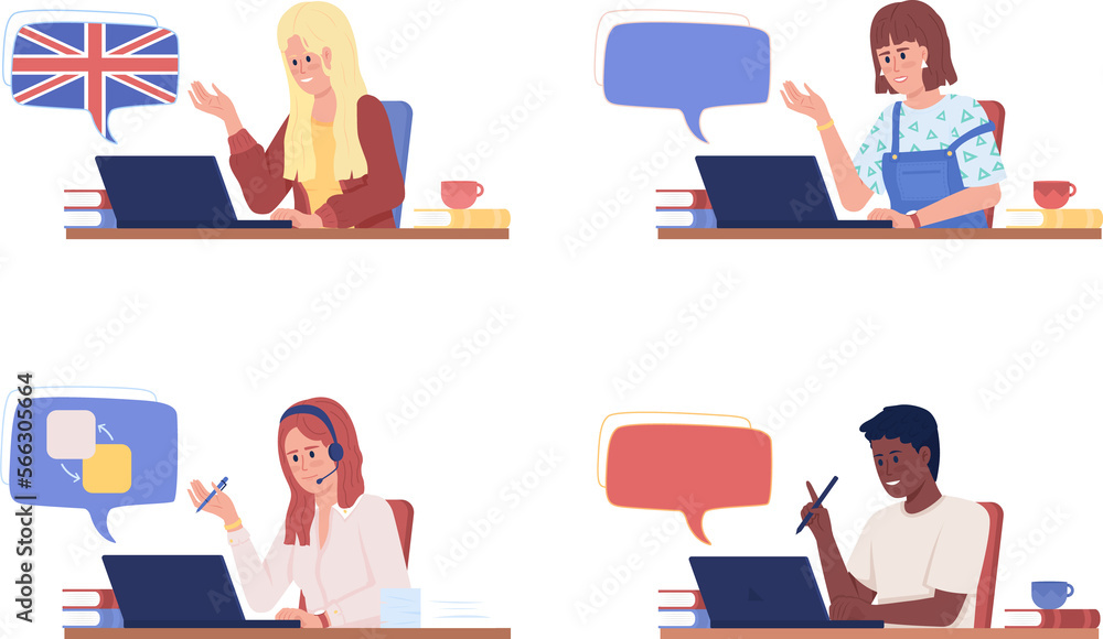 Poster studying language semi flat color raster character set. half body people on white. simple cartoon st