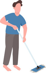 Man holding mop semi flat color raster character. Standing figure. Full body person on white. Guy cleaning floor at home simple cartoon style illustration for web graphic design and animation