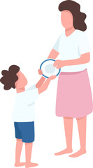 Boy helps mother serve table semi flat color raster characters. Standing figures. Full body people on white. Family simple cartoon style illustration for web graphic design and animation