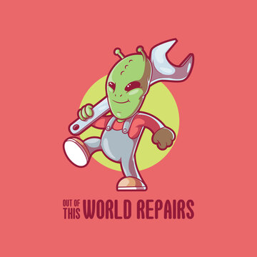 A mechanic alien character holding a wrench vector illustration. Space, alien, work design concept.