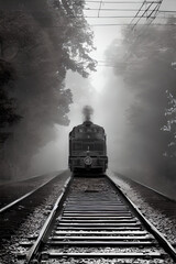 Front view of a train in black and white